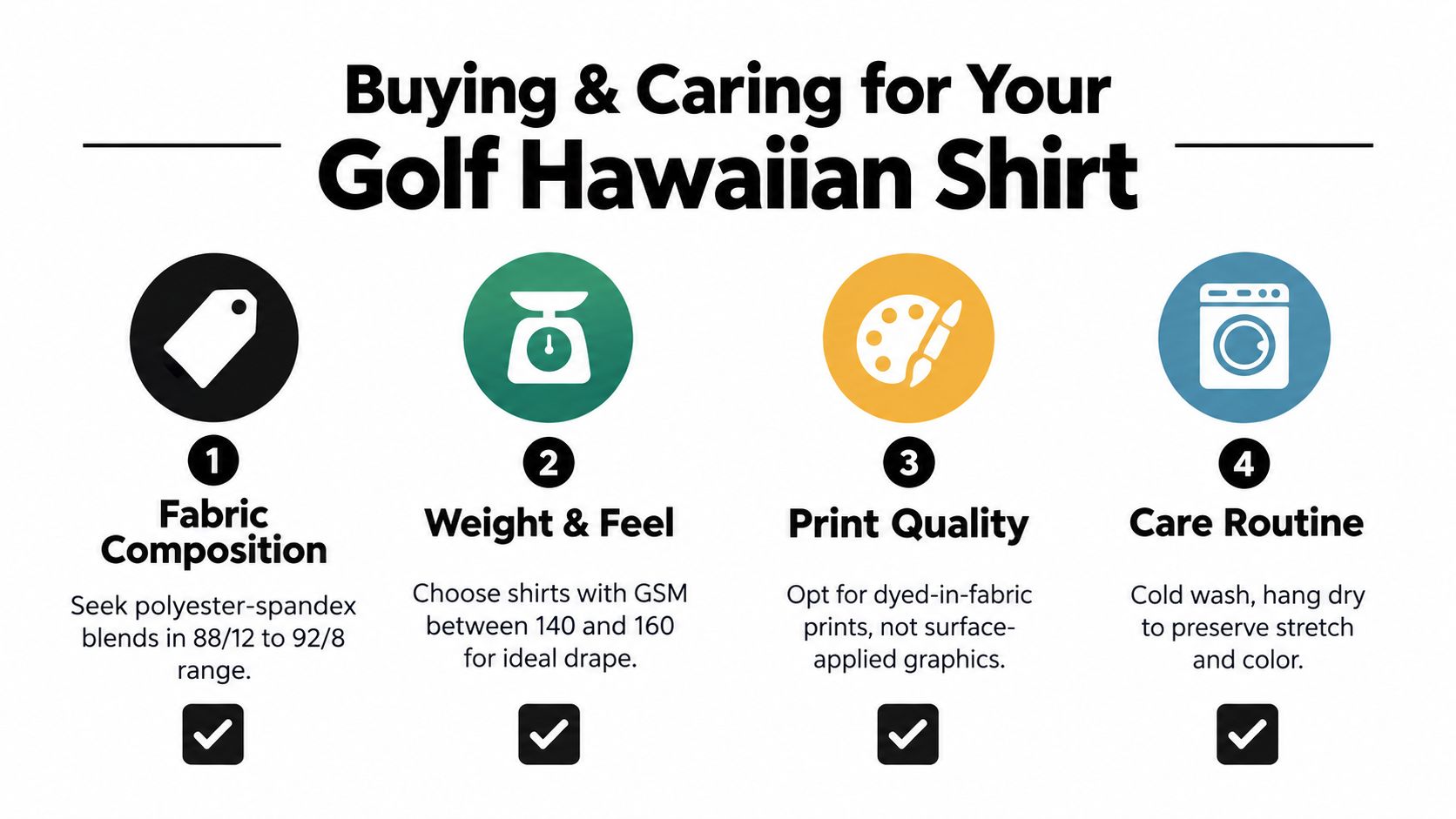 An infographic titled Buying & Caring for Your Golf Hawaiian Shirt with four tips for selection and maintenance.