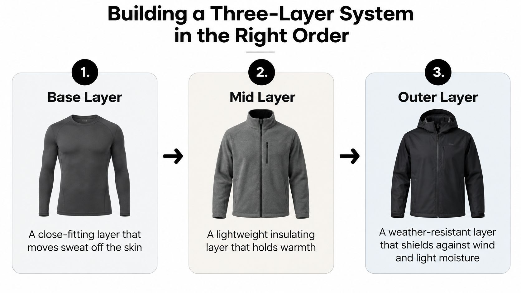 A diagram illustrating a three-layer clothing system consisting of a base layer, mid layer, and outer layer.