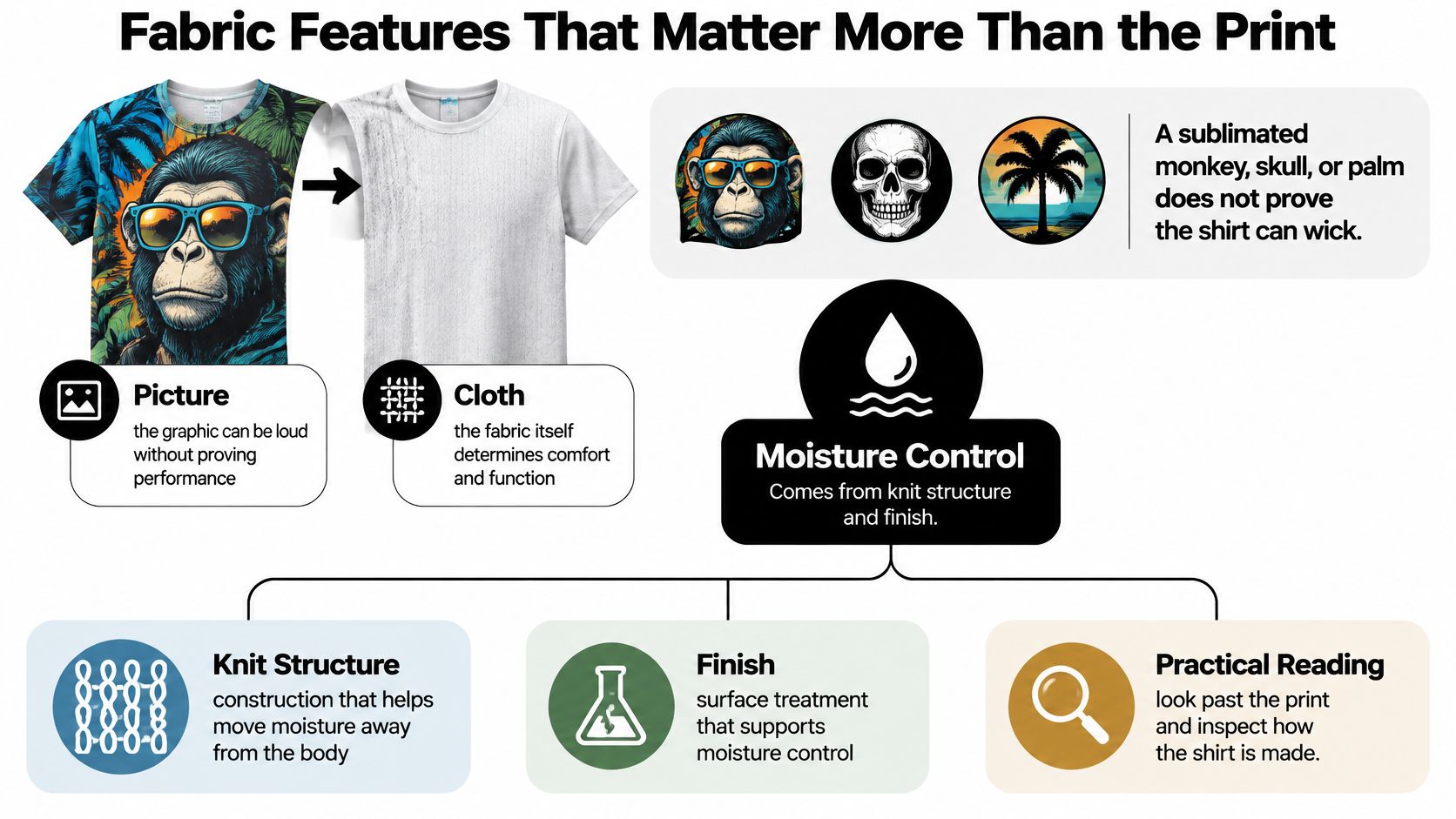 An infographic comparing print designs to fabric performance features for moisture-wicking golf polo shirts.