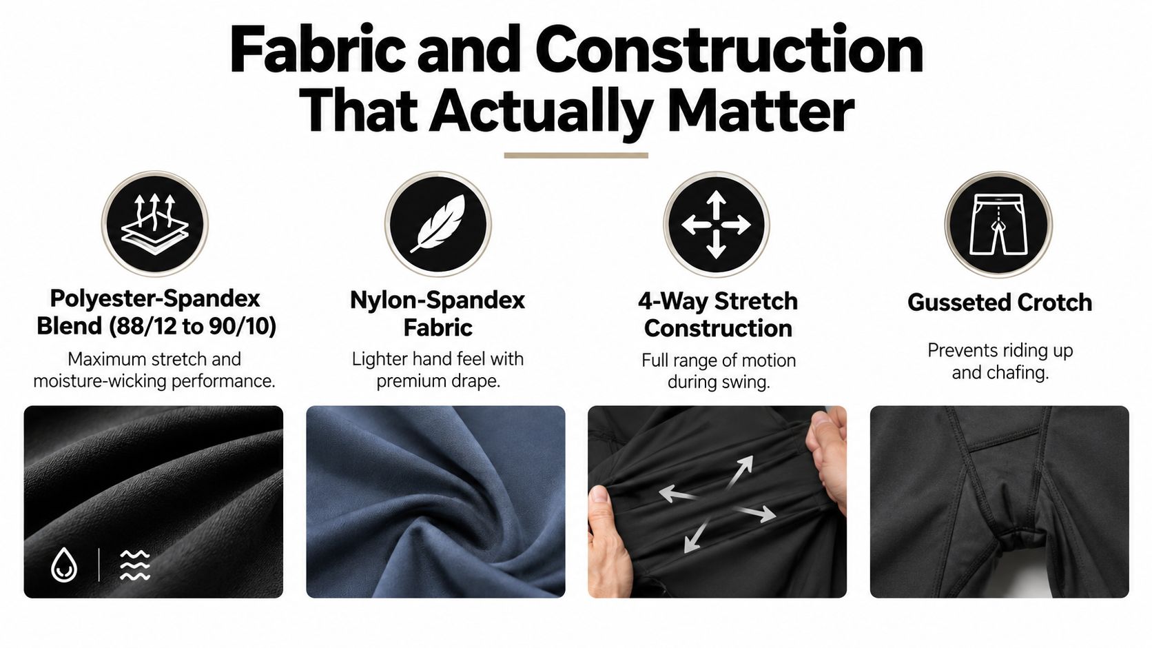 A graphic highlighting the performance fabric and gusseted construction features of high-quality men's golf shorts.