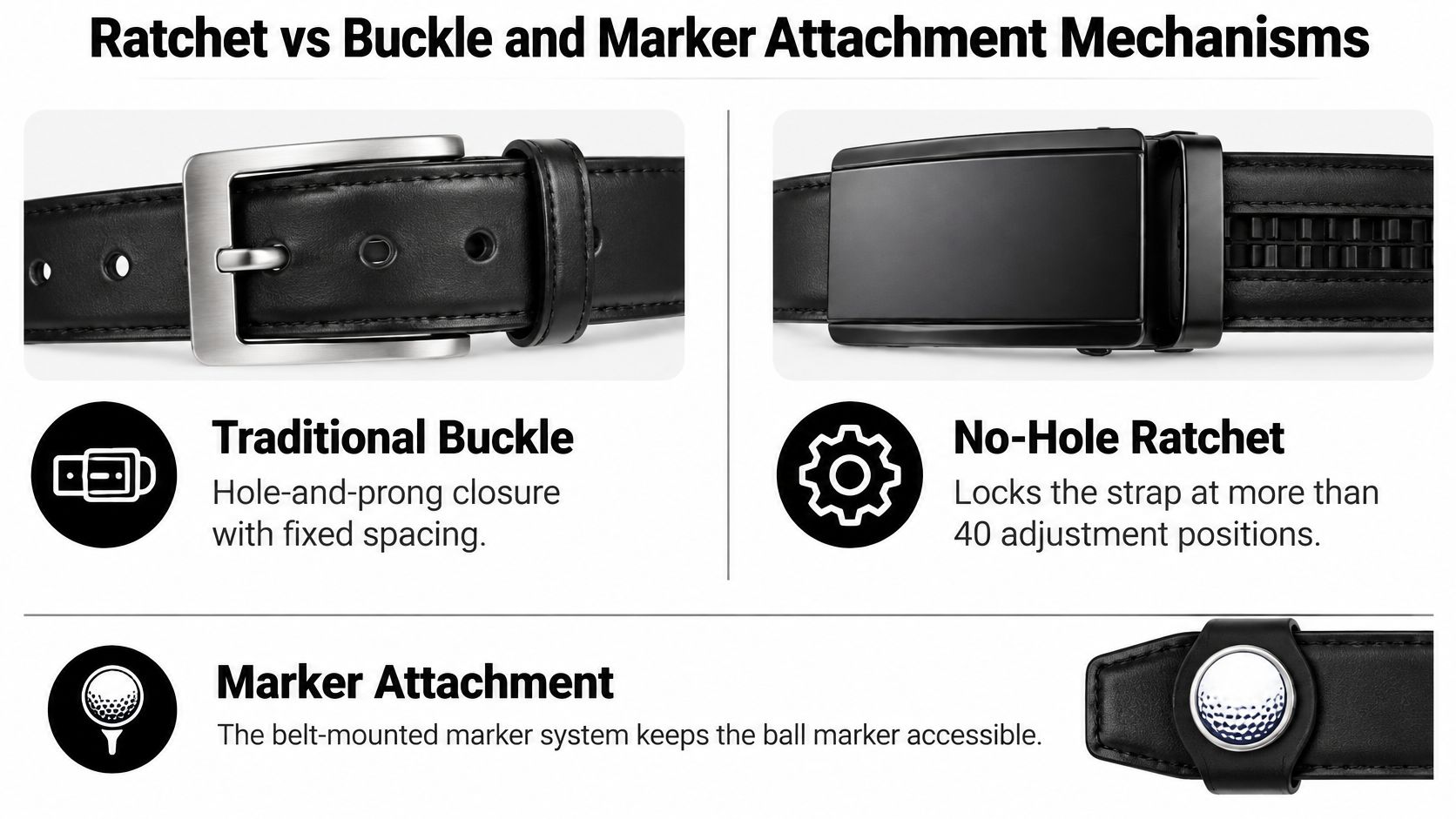 A comparison image showing a traditional buckle belt versus a no-hole ratchet golf belt with a ball marker.