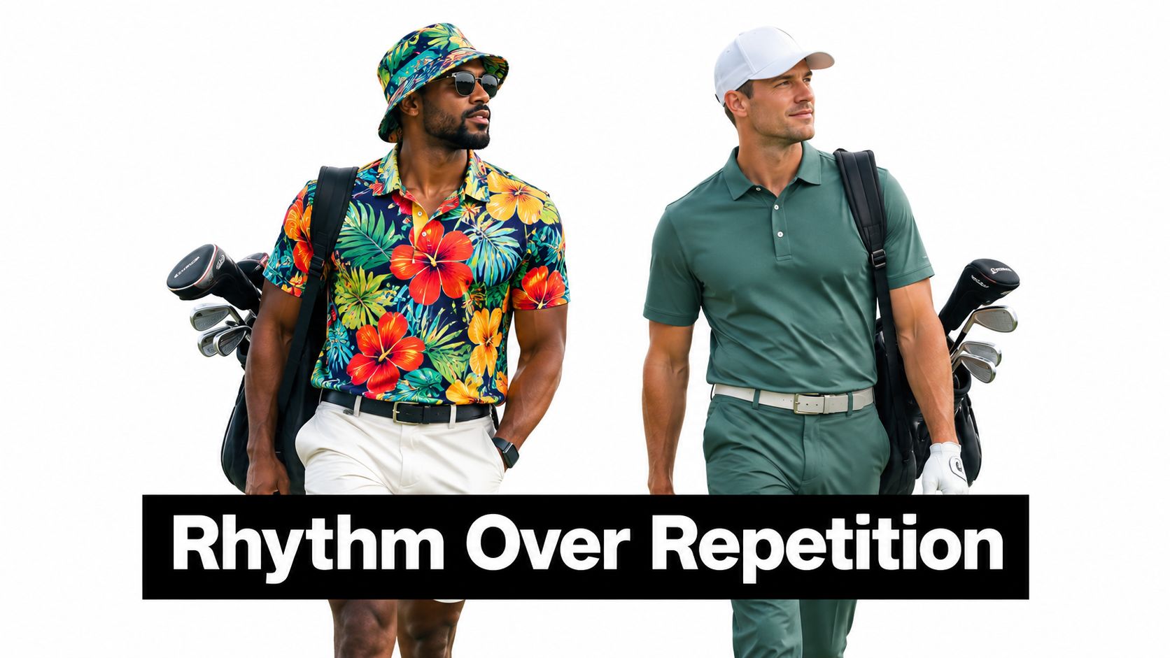 Two male golfers walking side by side carrying golf bags, featuring one in a floral shirt.