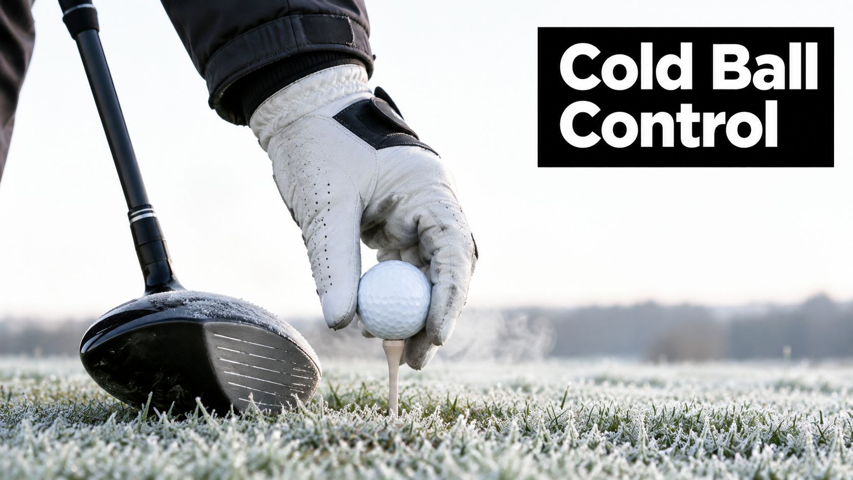 A close-up of a gloved hand placing a golf ball on a tee in frosty, cold weather conditions.