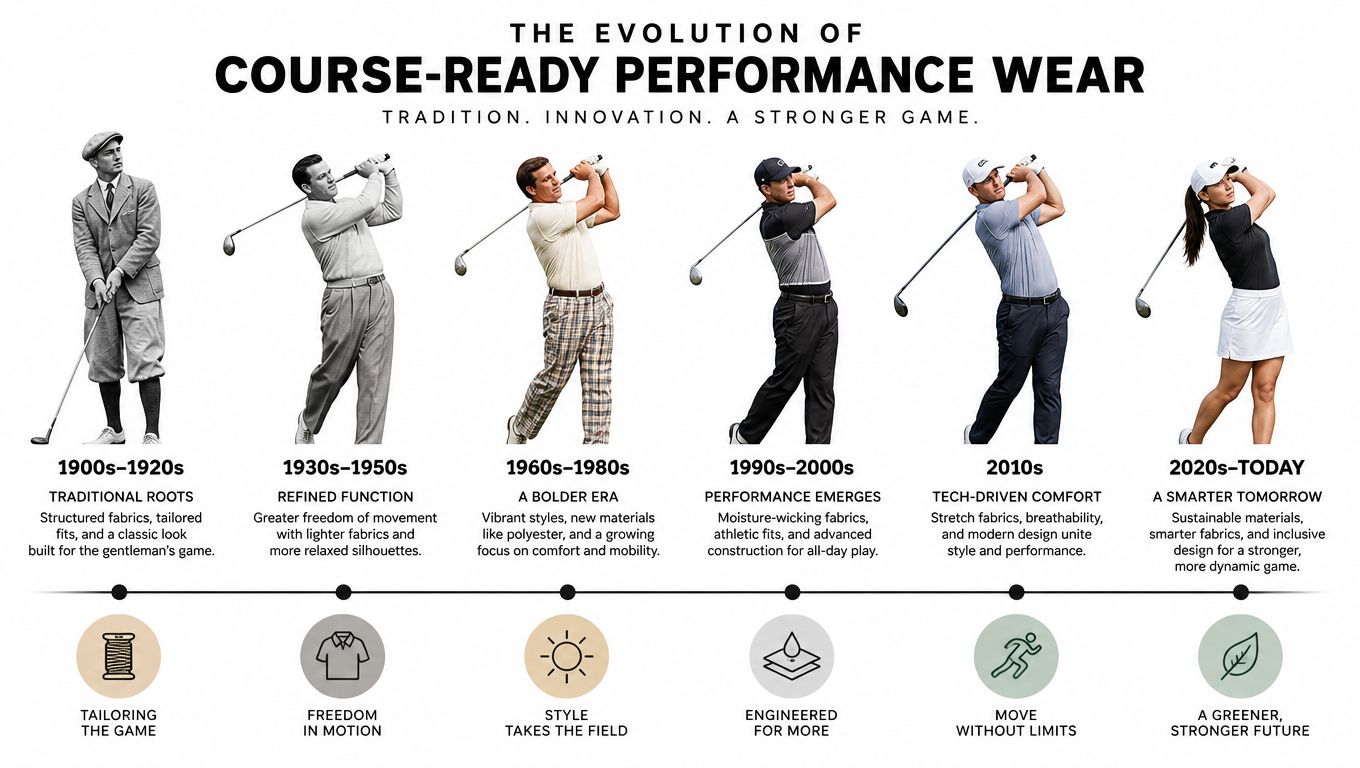 A timeline infographic illustrating the evolution of golf apparel styles from the 1900s through today.
