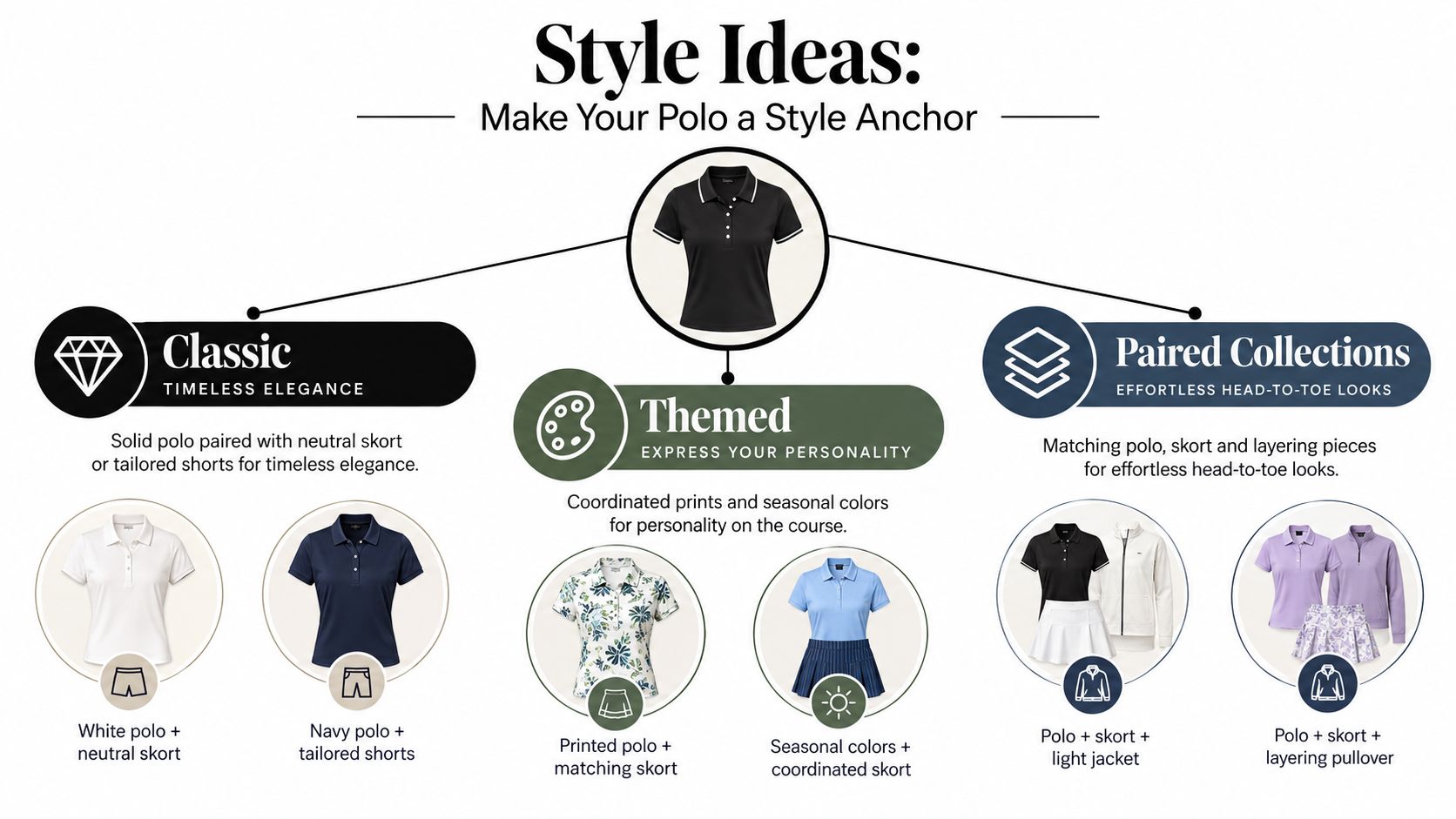 An infographic showing three ways to style a women's performance polo for golf and everyday wear.