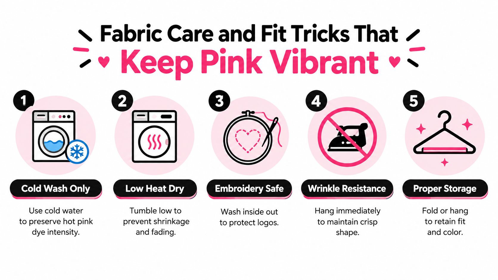 A five-step instructional guide on how to care for hot pink clothing to maintain vibrancy and shape.