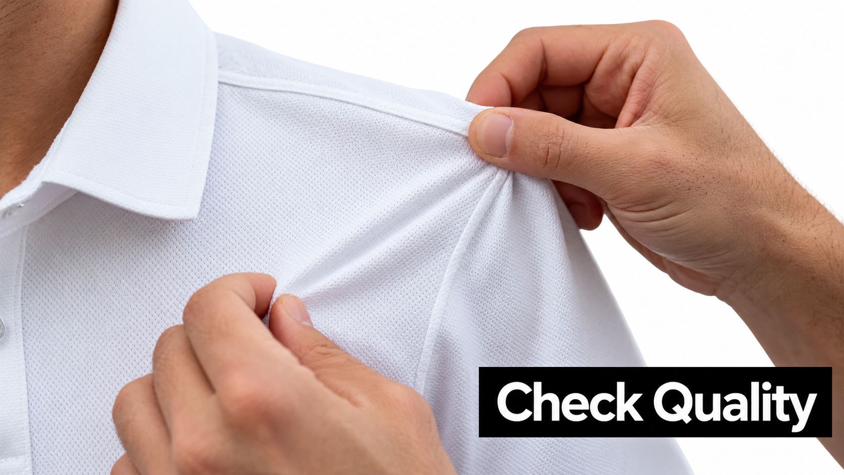 A close-up view of hands examining the high-quality fabric texture of a white golf polo shirt.