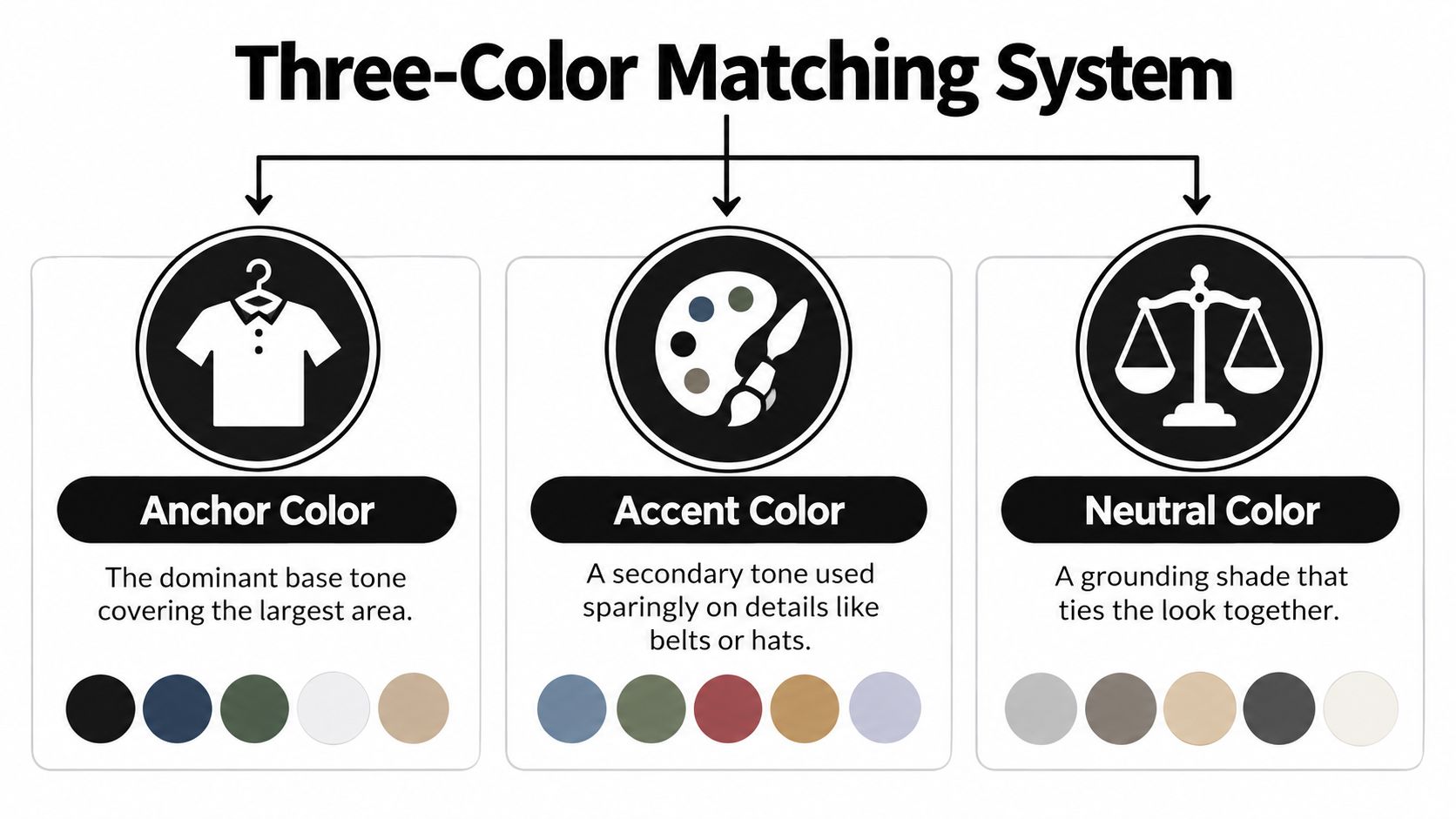 A diagram explaining a three-color matching system for men's clothing, featuring anchor, accent, and neutral colors.