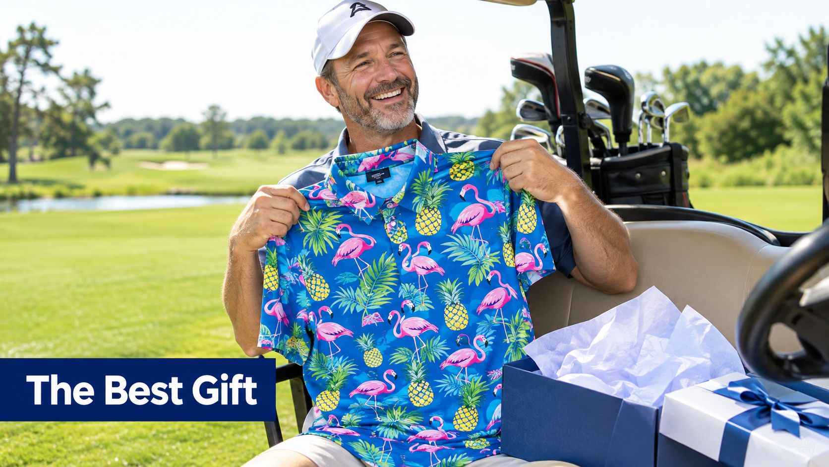 A happy middle-aged man smiling while holding up a bright blue shirt with flamingos and pineapples on it.