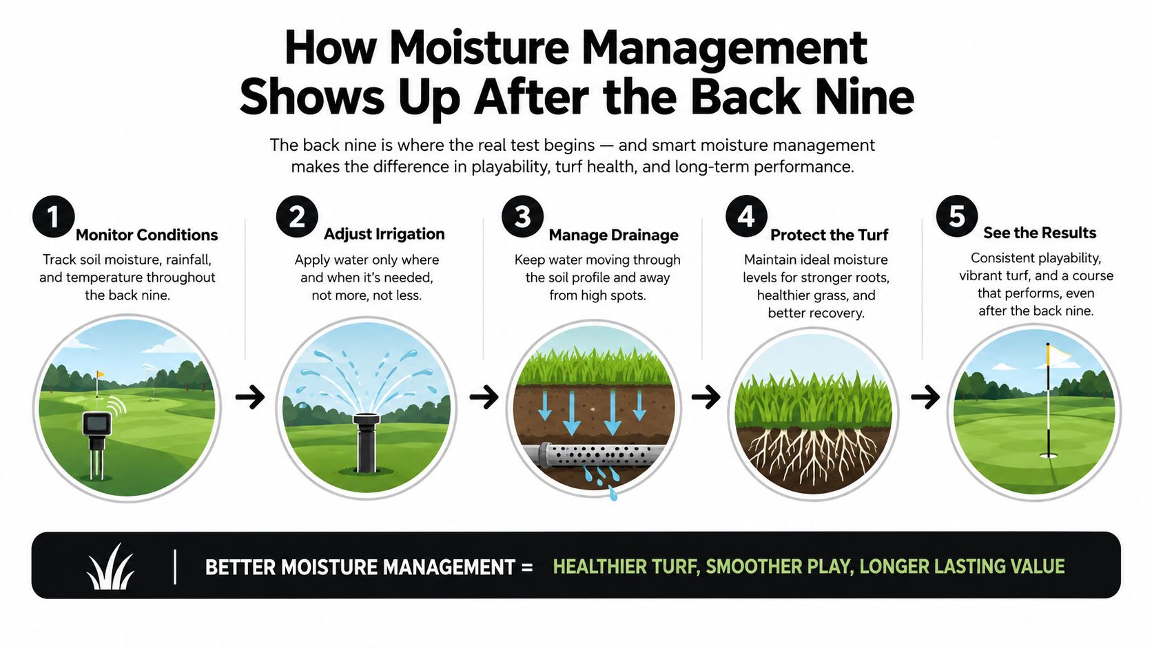A five-step infographic showing how moisture management improves turf health and playability on golf courses.