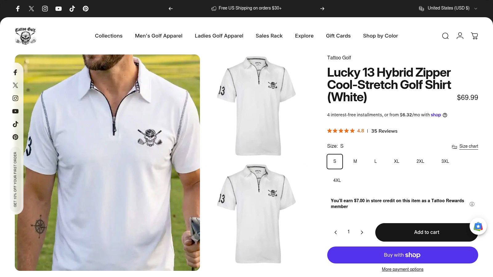Screenshot from https://www.tattoogolf.com/products/lucky-13-hybrid-zipper-cool-stretch-golf-shirt-white