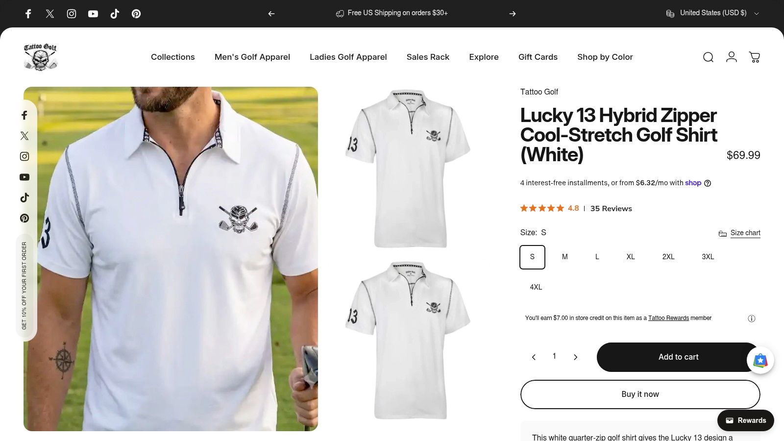 Screenshot from https://www.tattoogolf.com/products/lucky-13-hybrid-zipper-cool-stretch-golf-shirt-white