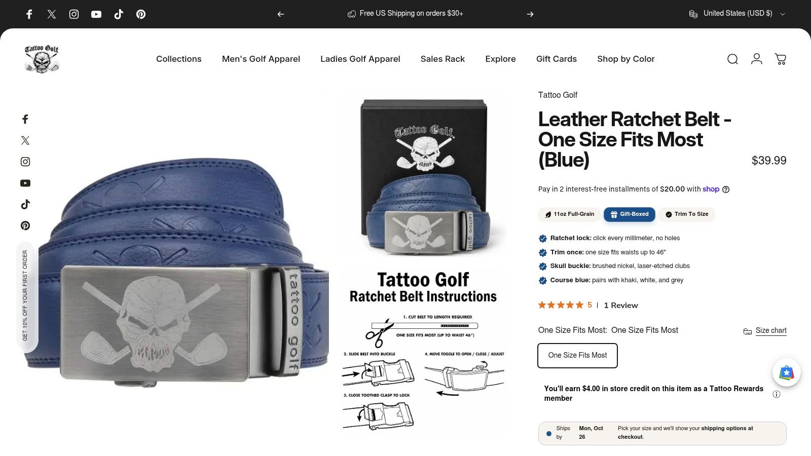 Screenshot from https://www.tattoogolf.com/products/leather-ratchet-belt-one-size-fits-most-blue