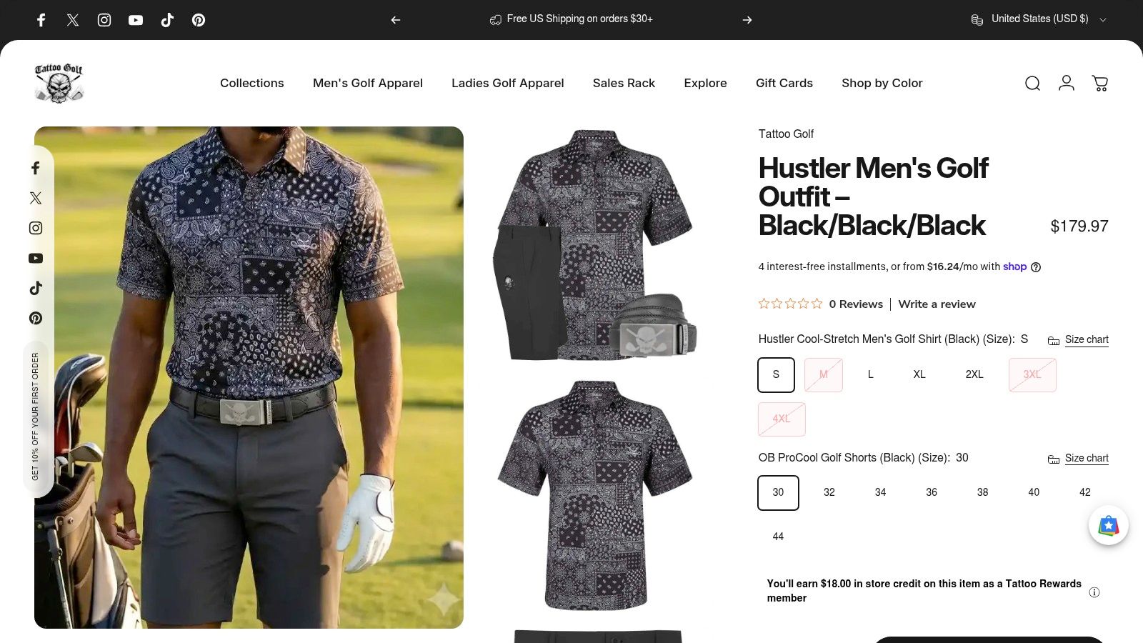 Screenshot from https://www.tattoogolf.com/products/hustler-cool-stretch-mens-golf-shirt-shorts-ratchet-belt-black-black-black
