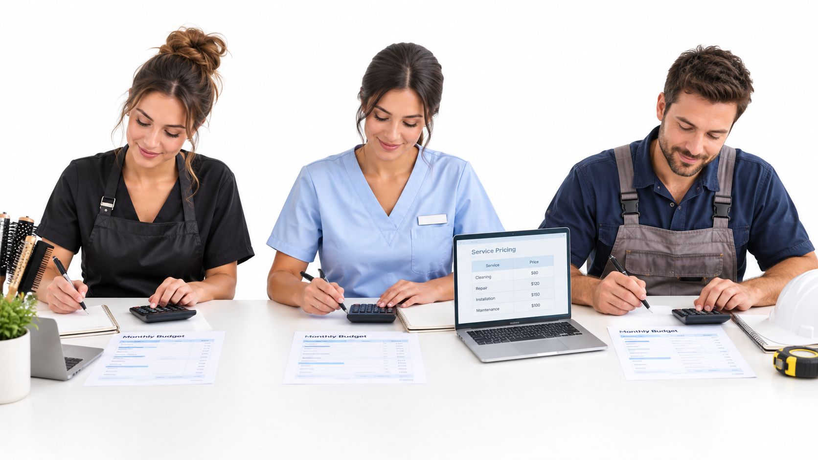 A professional hairdresser, a nurse, and a handyman working together on their business budgets at a table.