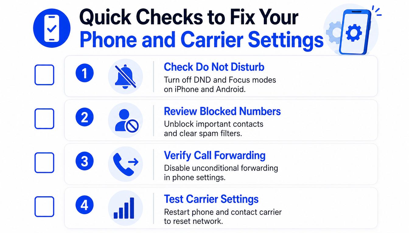 An infographic checklist with four steps to troubleshoot phone settings for missed calls and voicemail issues.