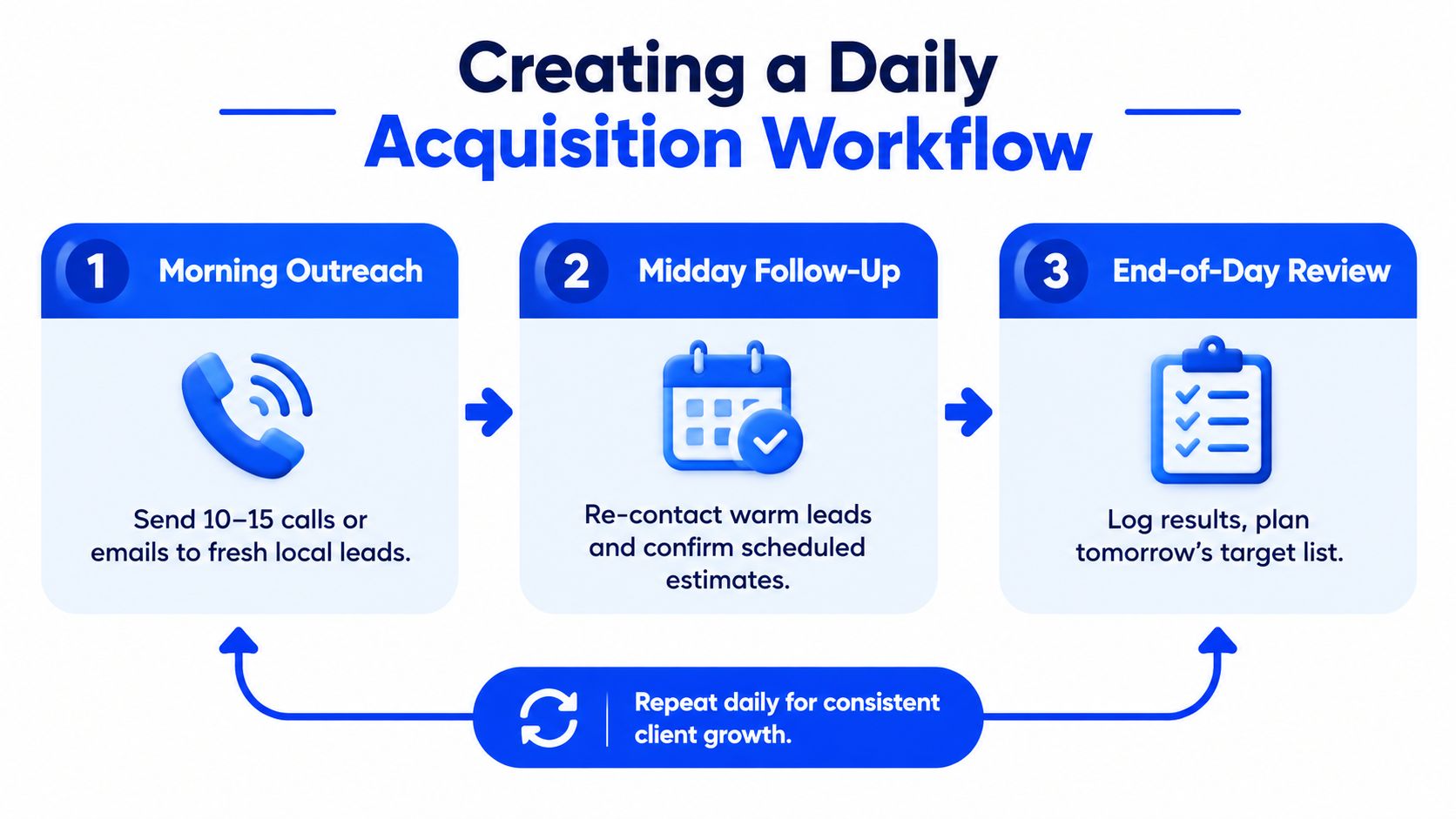 A three-step infographic showing a daily acquisition workflow for building a client base for a cleaning business.