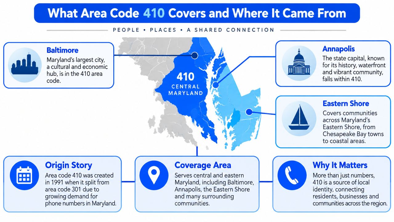An infographic detailing the history and coverage area of Maryland area code 410, including major cities.