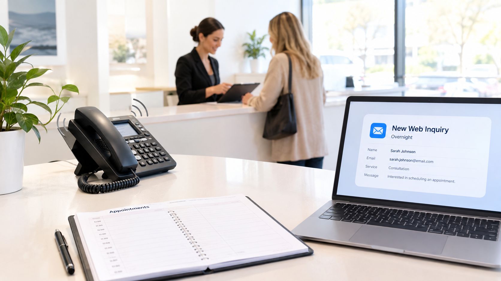 A clean reception desk featuring a laptop, an open appointment book, and a ringing office telephone.
