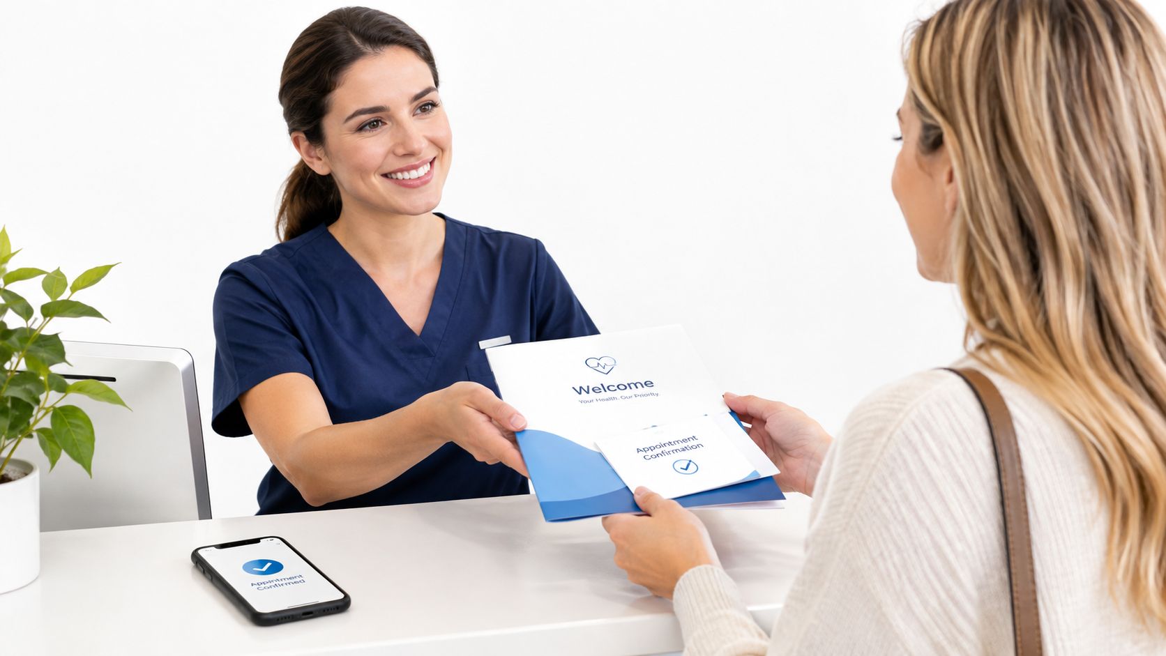 A friendly medical receptionist handing an appointment folder to a patient at a clean clinic reception desk.