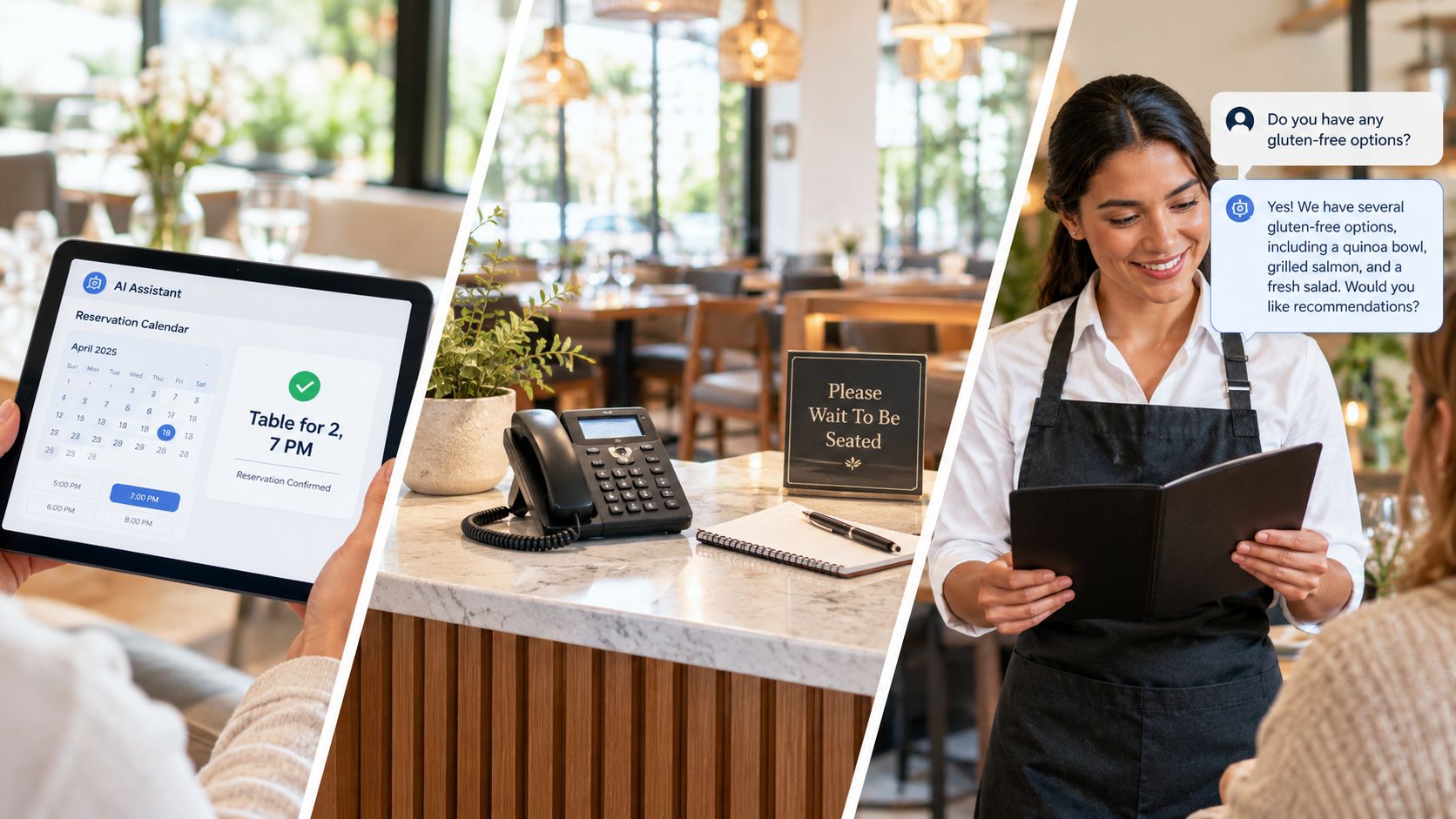 A split image showing an AI restaurant reservation tablet, a host stand, and a server assisting a customer.