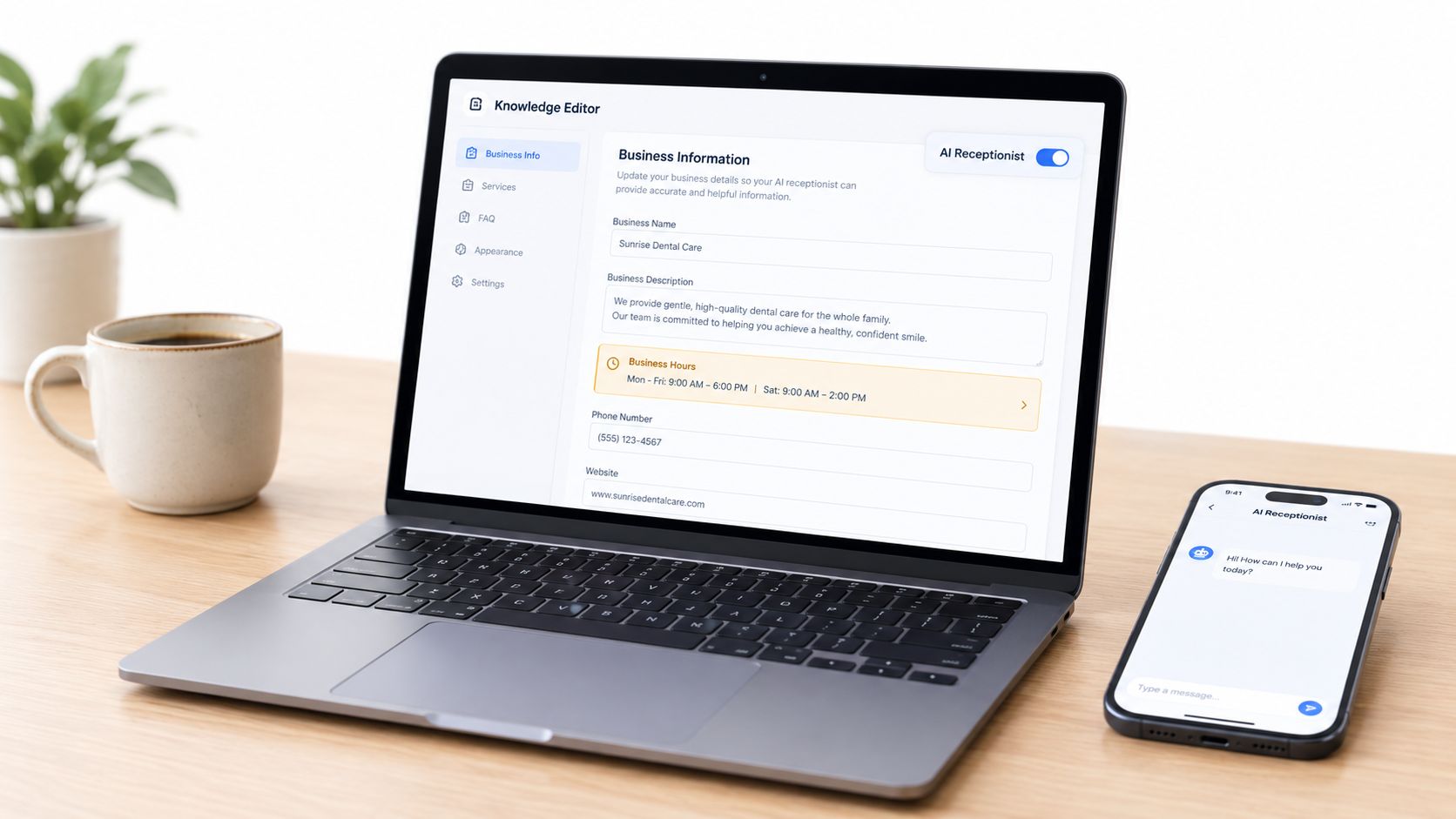A laptop displaying a dental business knowledge editor interface beside a smartphone with an AI chat interface.