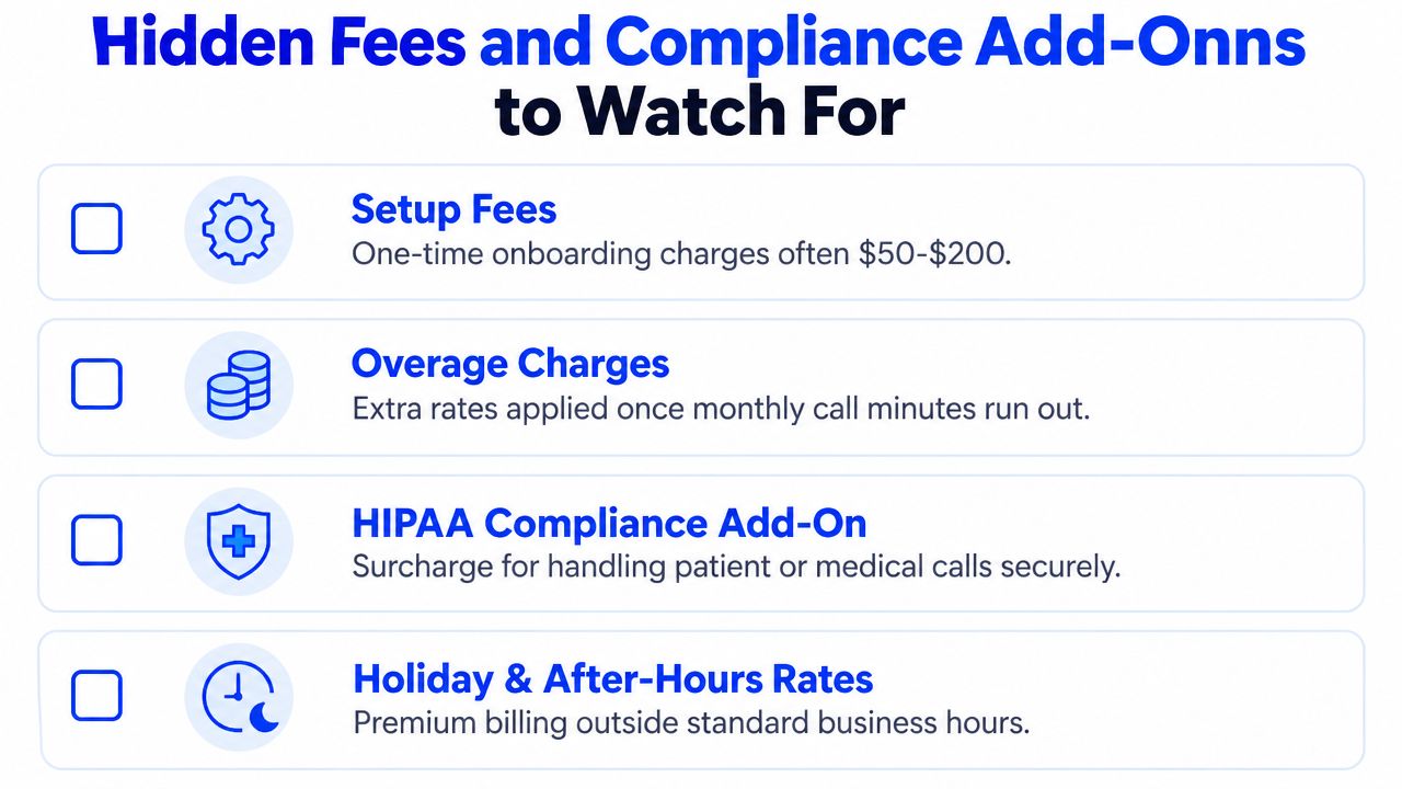 A list of hidden fees and compliance add-ons for call answering services, including setup, overage, HIPAA, and after-hours.