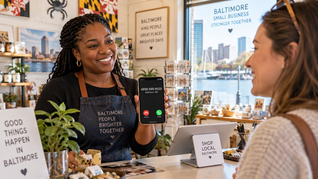 A smiling shop employee in Baltimore showing a smartphone screen with a 410 area code phone number.