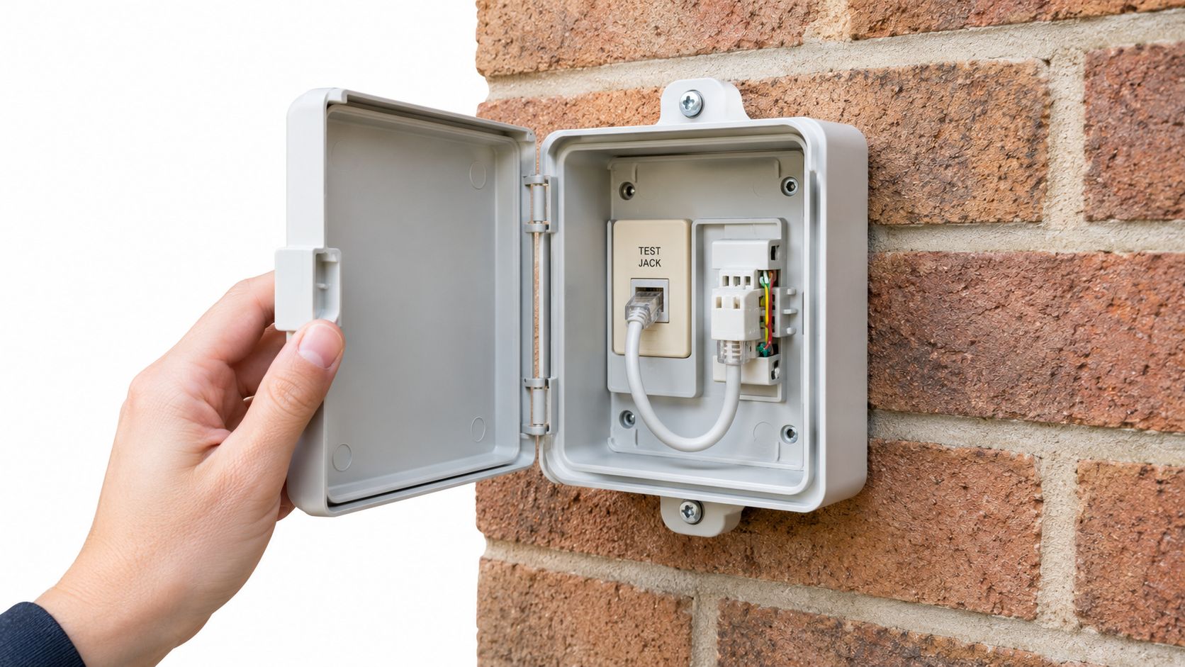 A person's hand opening the door of an outdoor telephone network interface device mounted on brick wall.