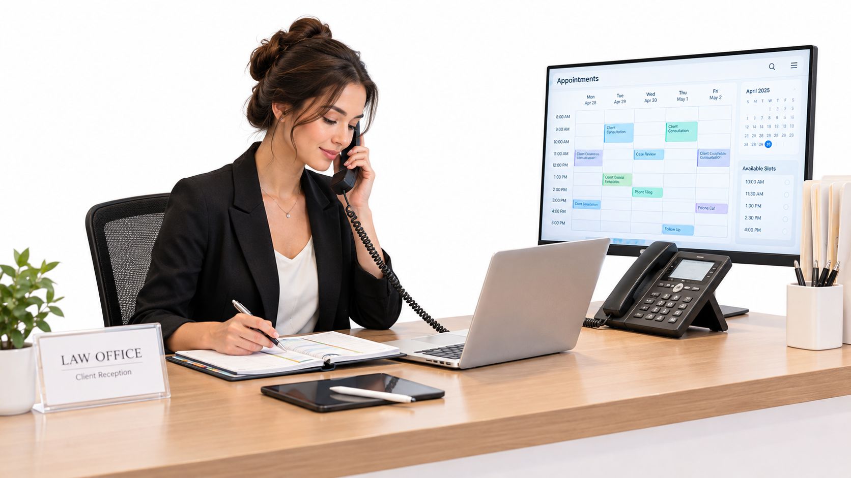 A professional law firm receptionist at her desk, answering a phone call while taking notes on paper.