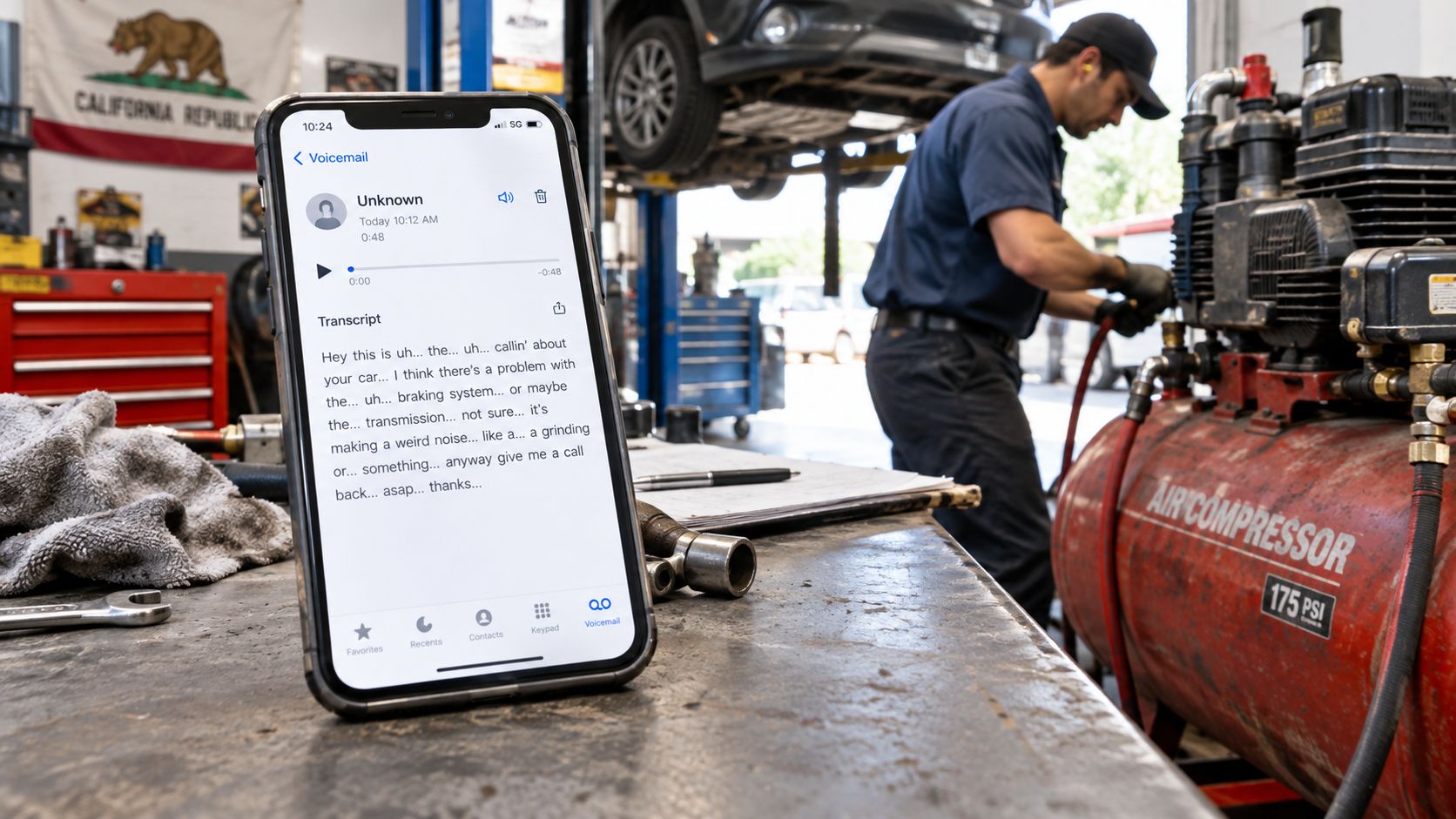 A smartphone on a workshop table displaying an AI generated voicemail transcription about car repair issues.