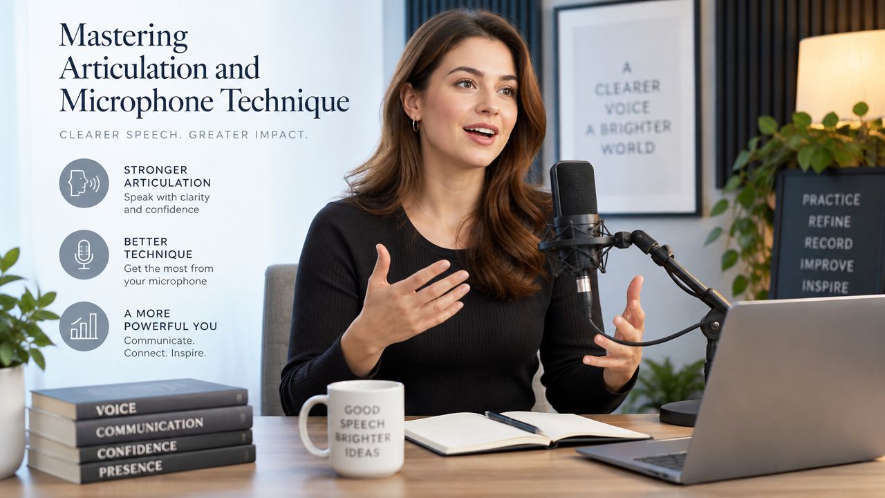 A woman presenting in a home studio with professional audio equipment, books, and a laptop setup.