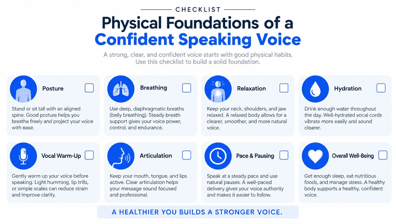 An infographic checklist outlining eight physical habits for developing a strong, clear, and confident speaking voice.