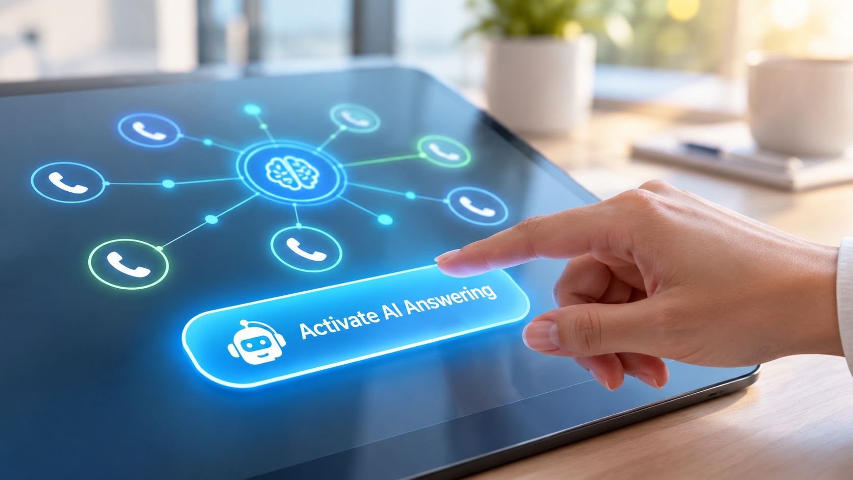 A hand touching a tablet screen to activate an AI answering service feature for business communication.