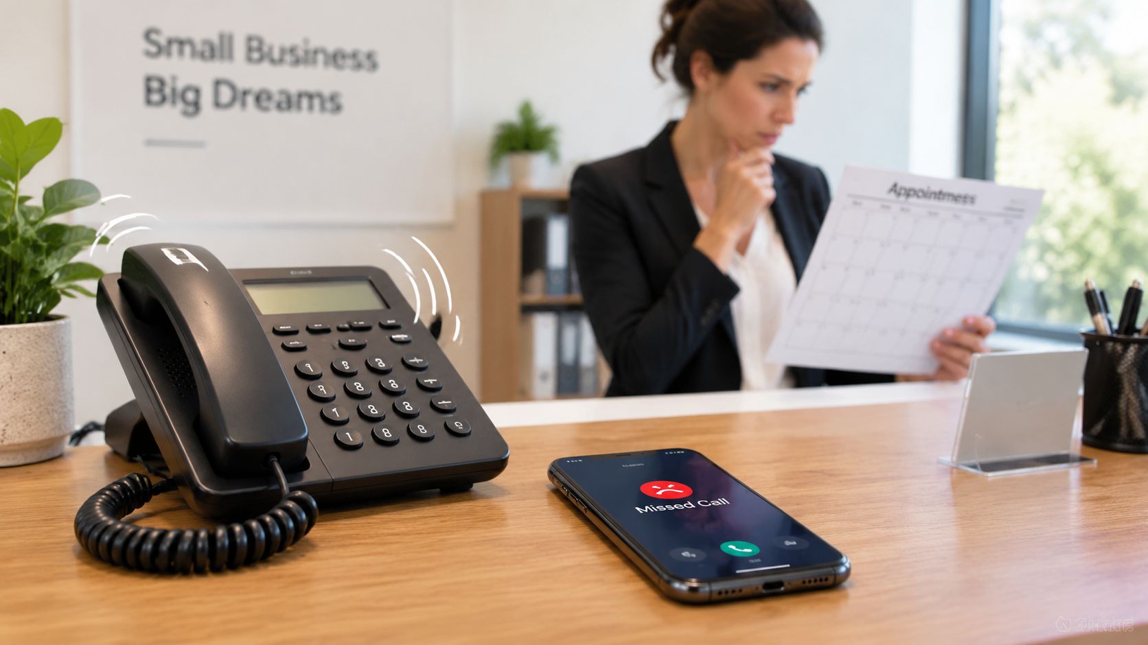 A professional woman in an office looks at an appointment document as a desk phone rings nearby.
