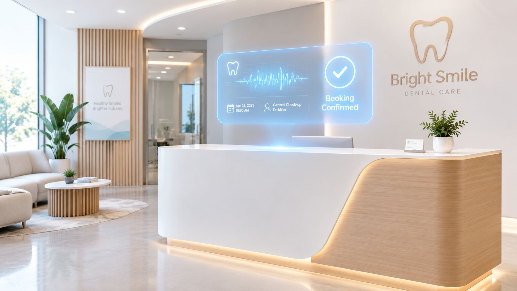 A modern dental clinic reception area featuring a futuristic digital holographic booking confirmation floating above the desk.