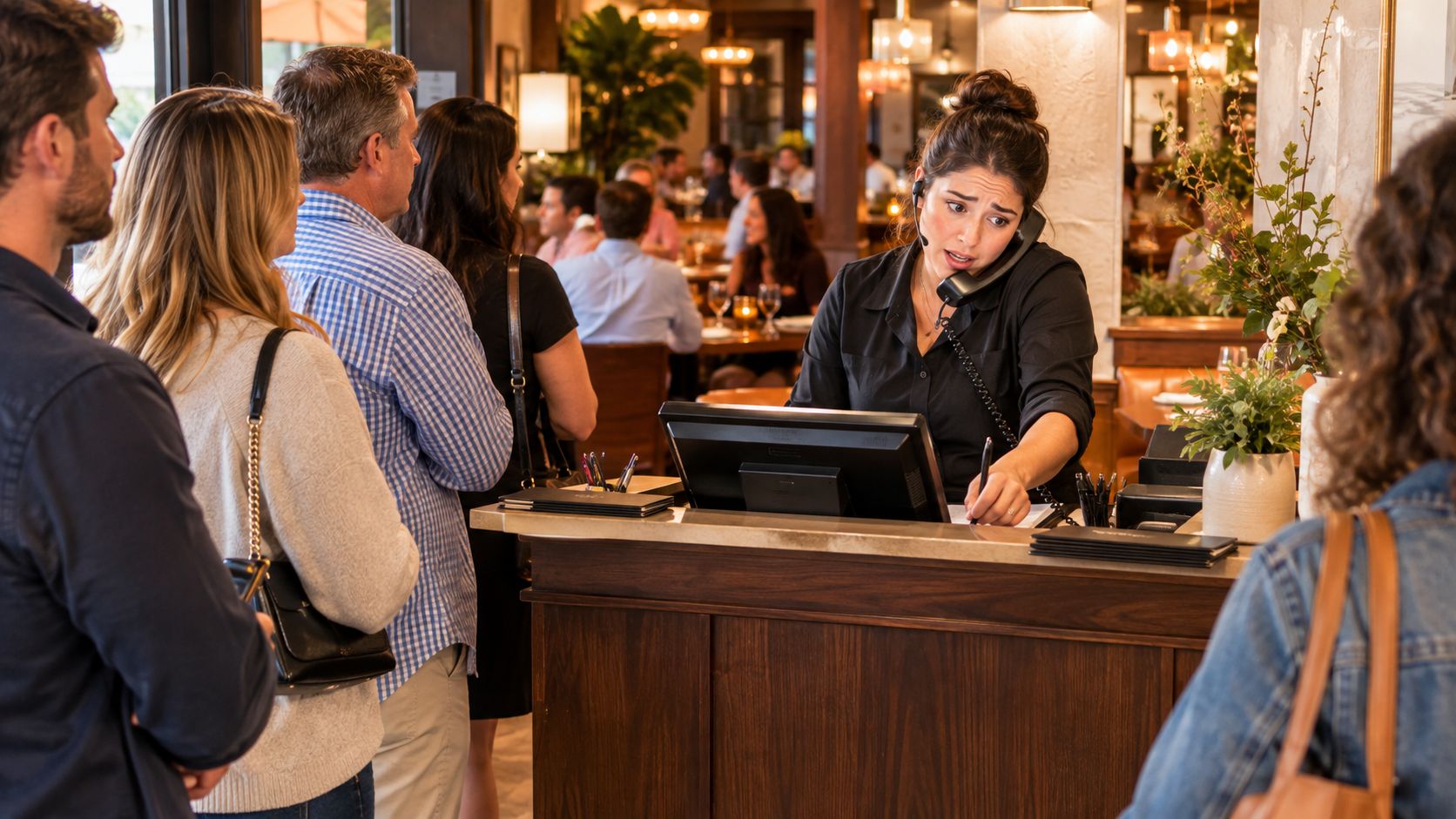 A professional hostess manages restaurant reservations while taking a phone call at the front desk host station.