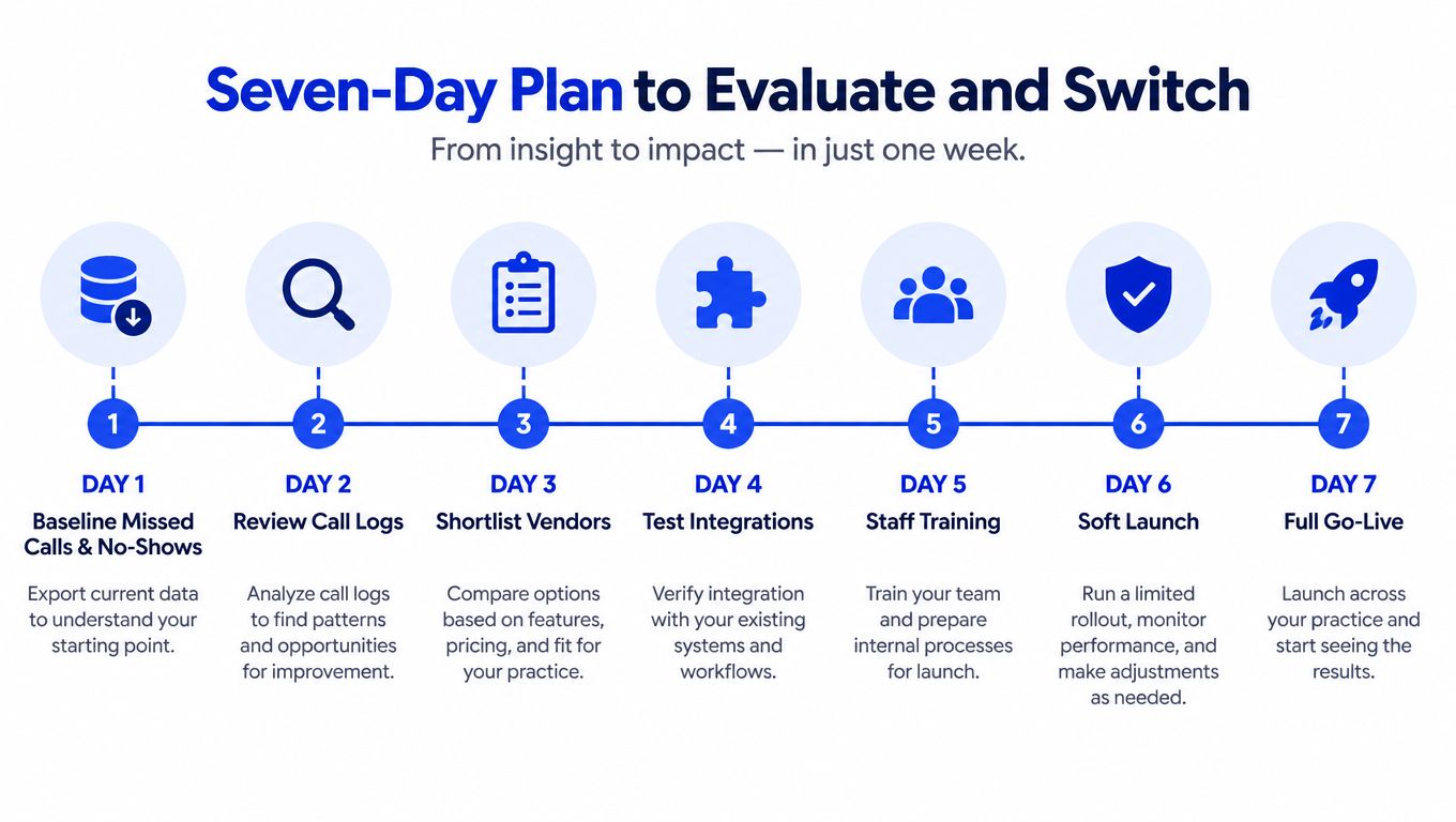 A seven-day action plan infographic illustrating steps to evaluate and switch dental office scheduling software.