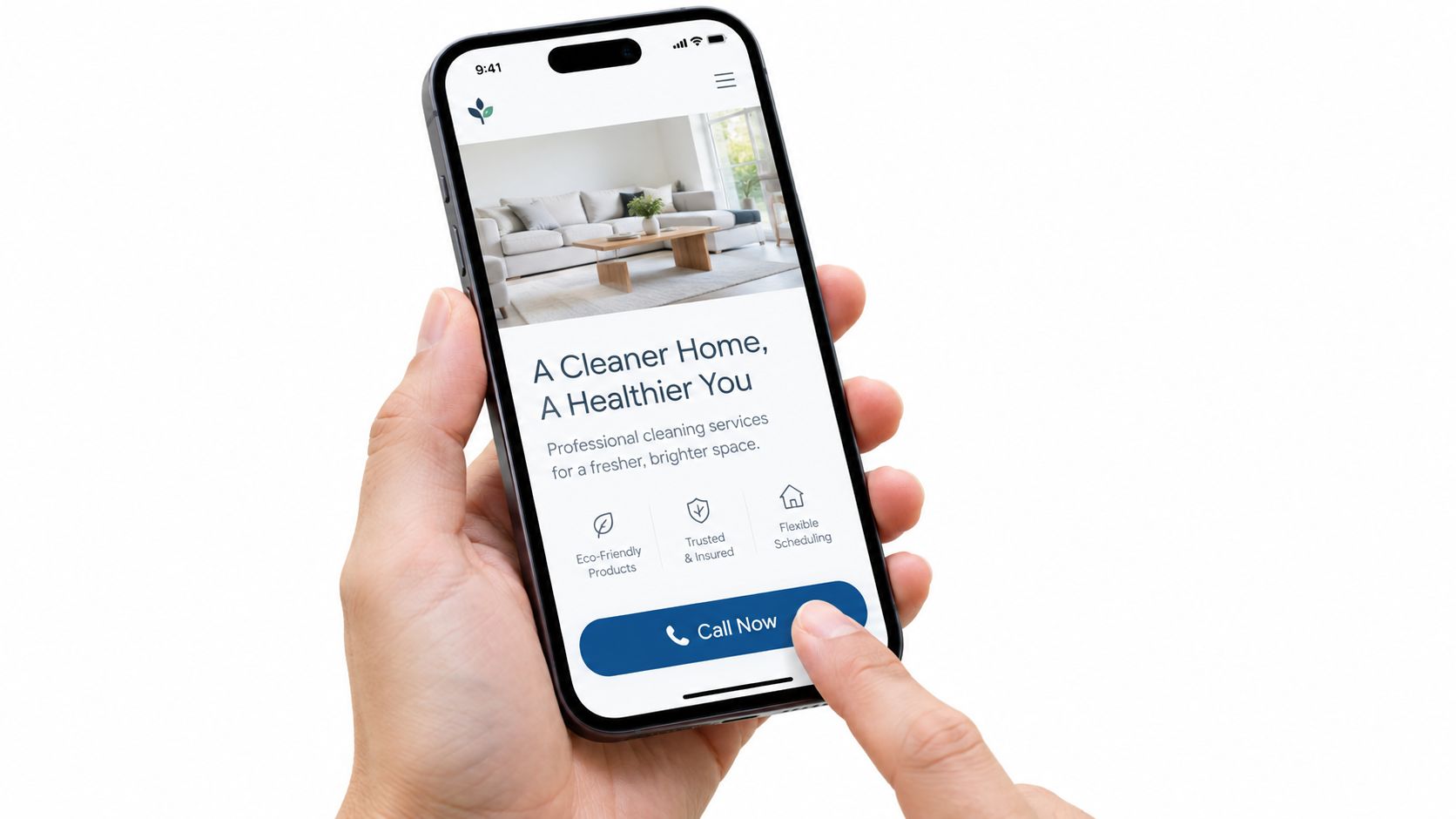 A person using a smartphone to view a mobile website for a residential professional cleaning service.