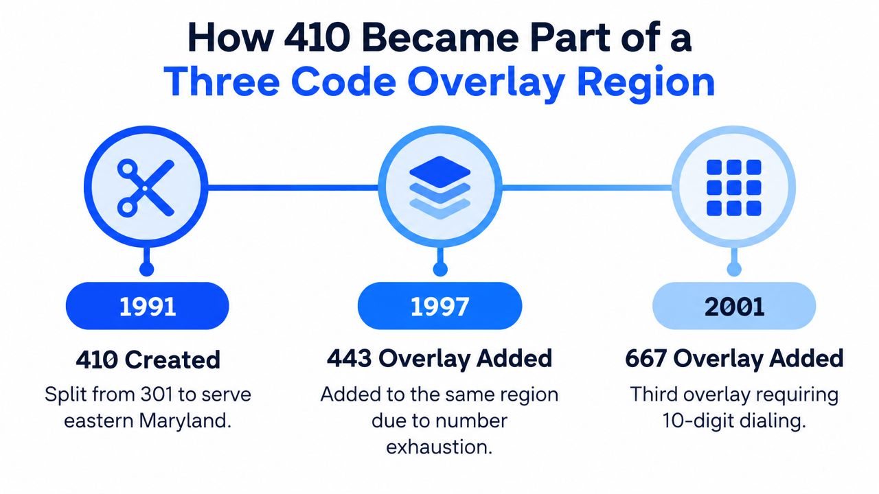 A timeline graphic showing the evolution of the 410 area code in Maryland into a three-code overlay.