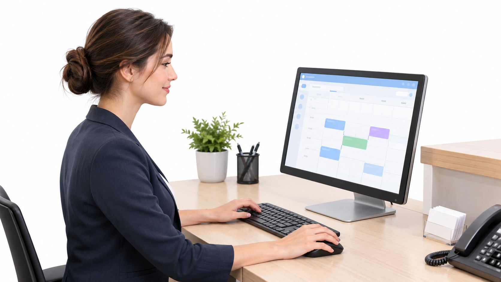 A professional receptionist in a blazer sits at a desk managing a digital schedule on a computer.
