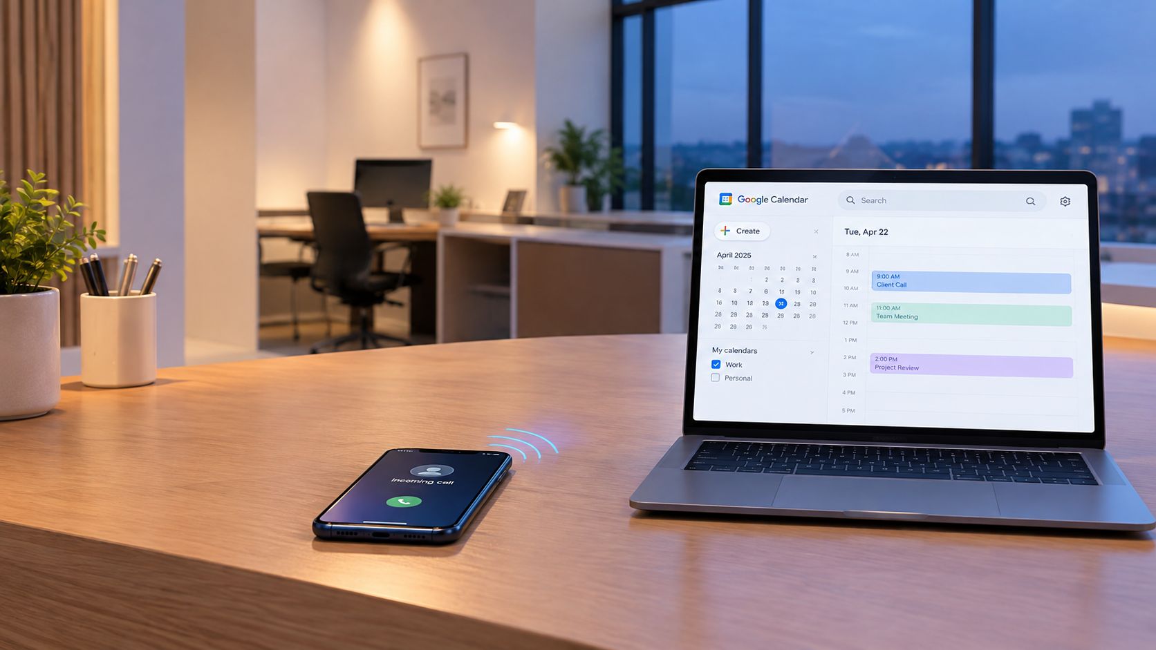 A modern desk featuring a laptop displaying Google Calendar next to a smartphone showing an incoming call.