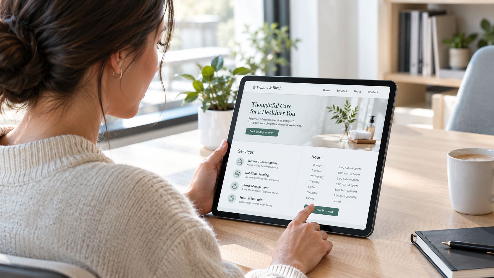 A woman using a tablet to browse a wellness website offering services and business hours information.