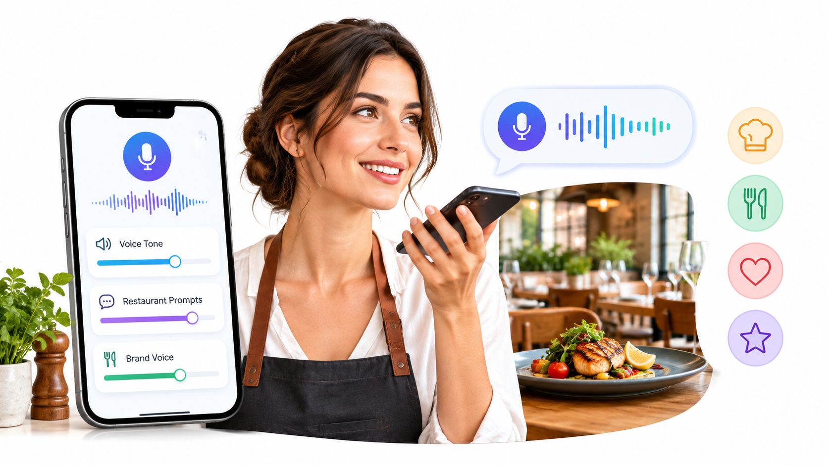 A friendly restaurant staff member using a smartphone app to manage voice tone and restaurant prompts.