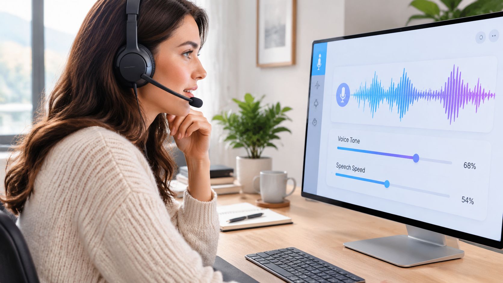 A woman wearing a headset working on a computer showing voice analysis software with audio visualizers.