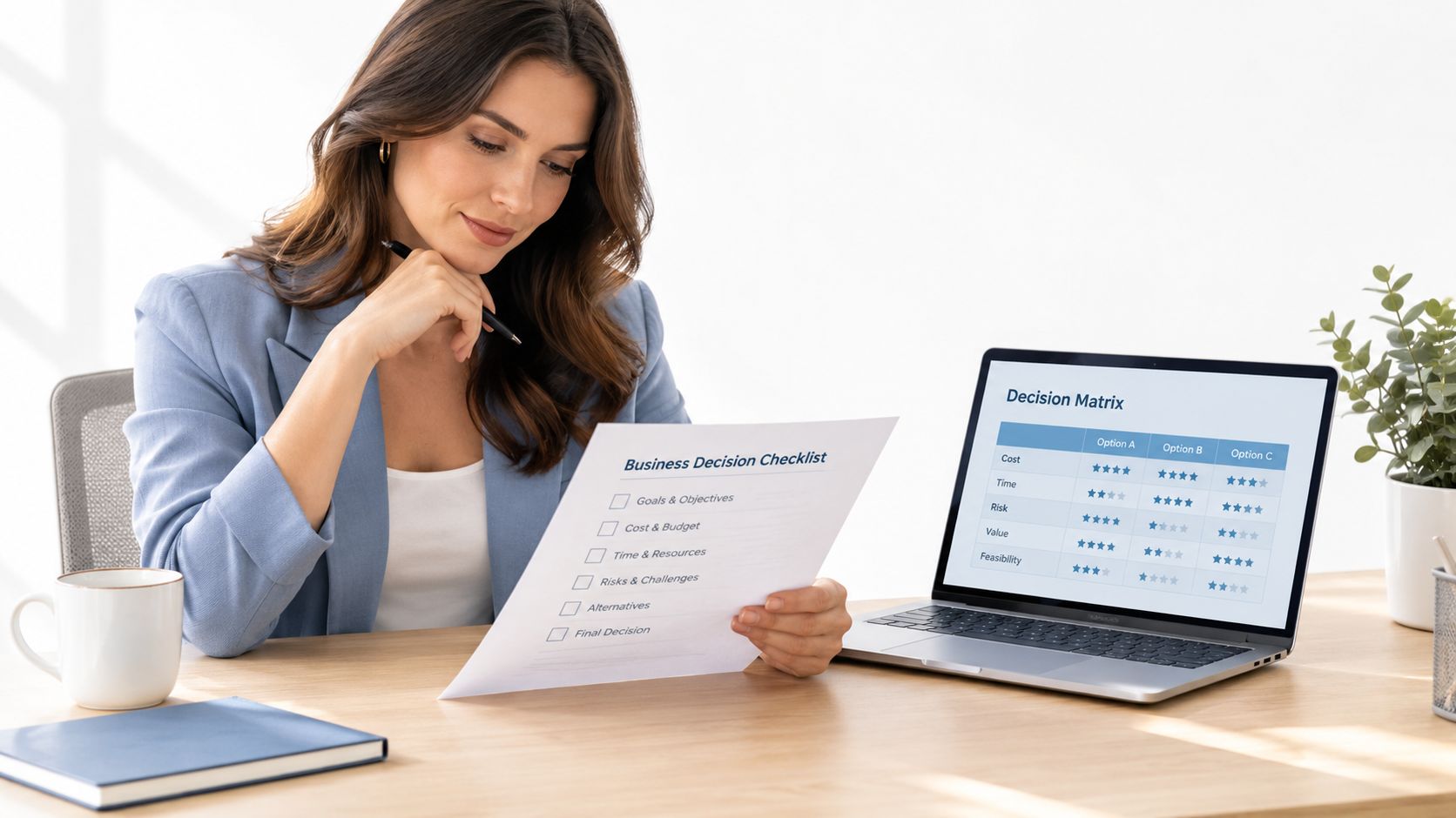 A professional woman reviews a business decision checklist while looking at a decision matrix on her laptop.
