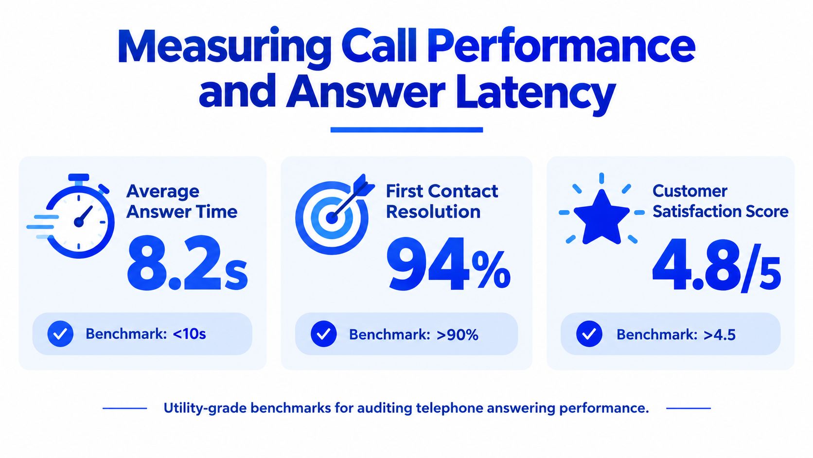 An infographic displaying performance metrics for telephone answering services, including answer time, resolution rate, and customer satisfaction.