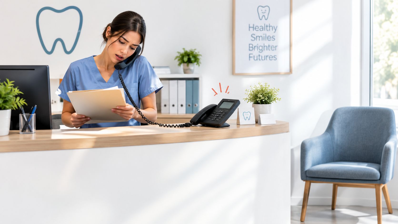 A female dental receptionist in blue scrubs talking on the telephone while reviewing patient files at work.