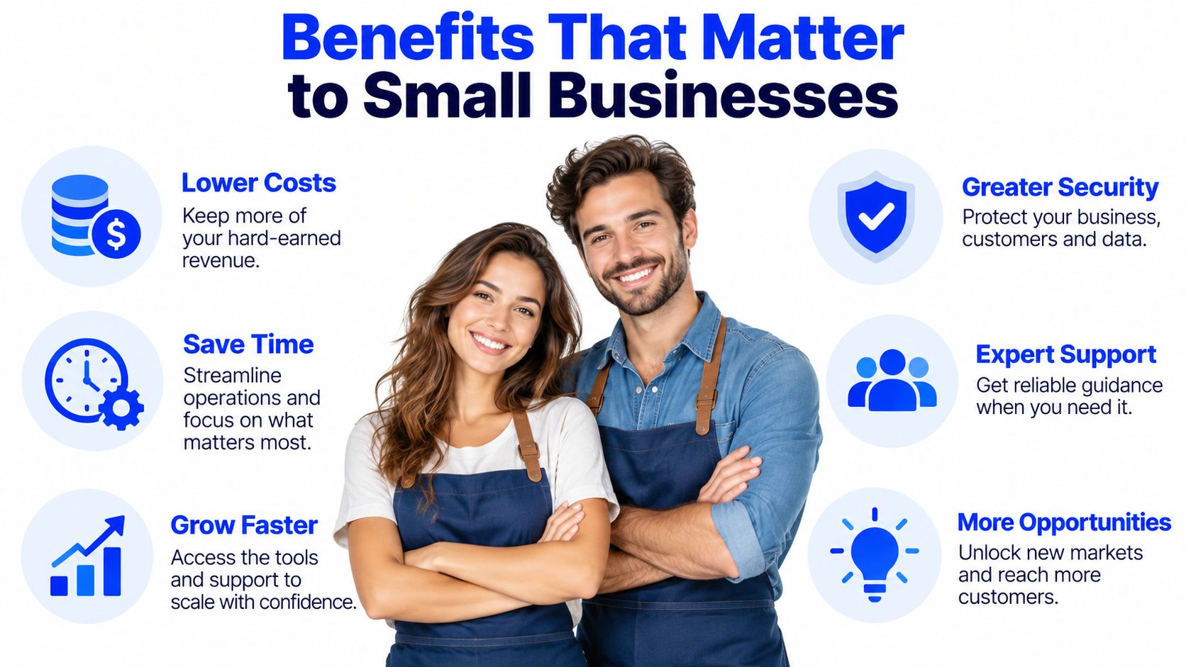A man and a woman in aprons stand with their arms crossed, surrounded by icons of business growth benefits.