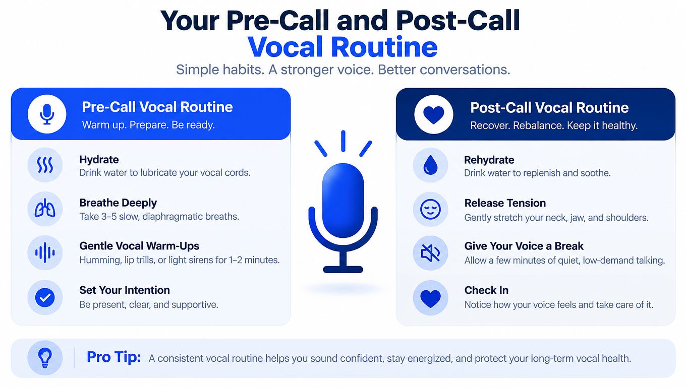 A visual guide titled Your Pre-Call and Post-Call Vocal Routine, outlining steps to prepare and recover your voice.